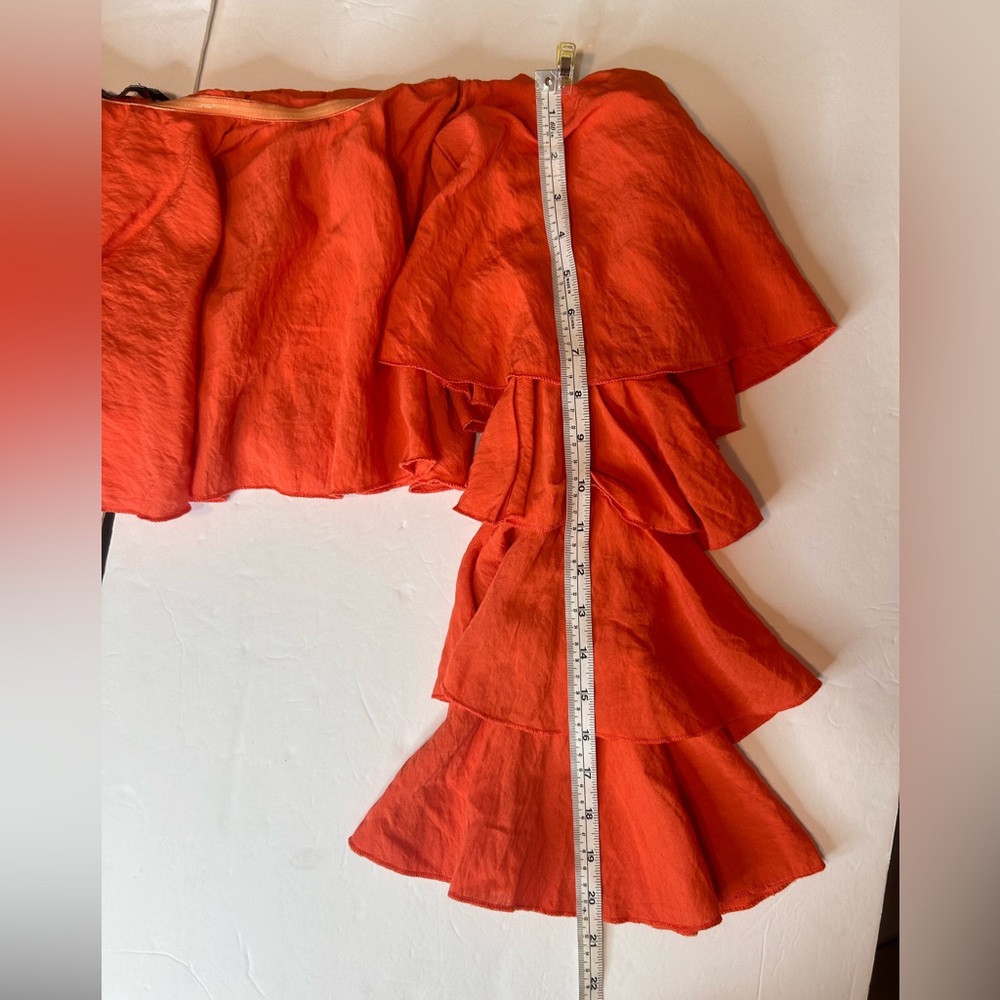 PRETTYLITTLETHING BRIGHT ORANGE WOVEN BARDOT TIERED SLEEVE CROP TOP SIZE 8 - Picture 9 of 14